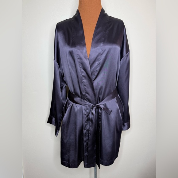 Victoria's Secret Other - Victoria's Secret Navy Blue Satin Robe One Size Tie Attached Belt Long Sleeve